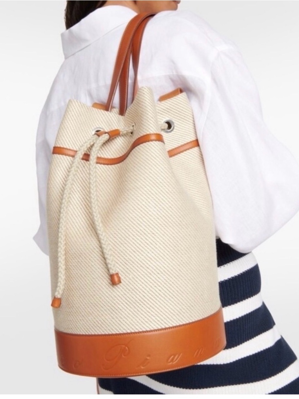 Loro Piana Cream Canvas Bucket Tote with Tan Leather Trim and Canvas Cover Bag - Picture 4 of 14
